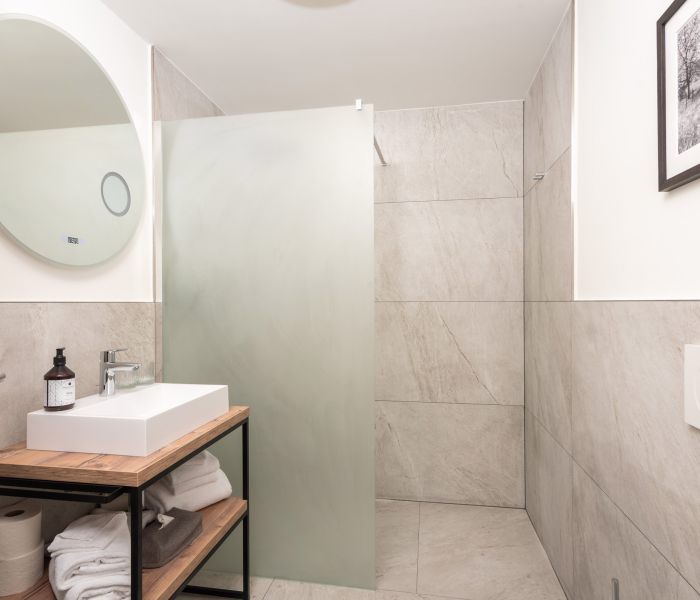 Bild des modernen Bades im Standard-Zimmer im Hotel Terofal in Schliersee mit Dusche und Waschtisch