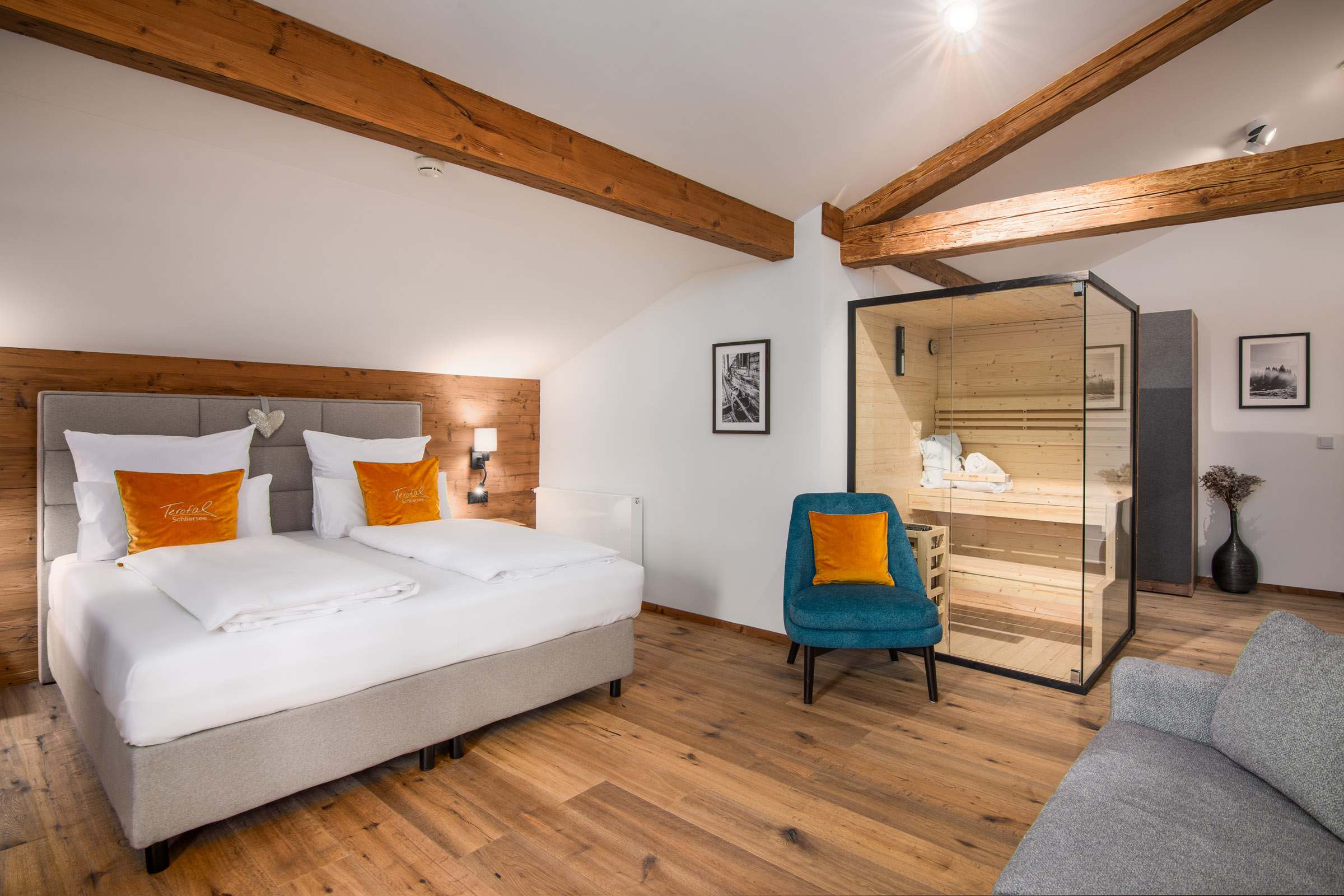Wellness room at Hotel Terofal in Schliersee with double bed and sauna