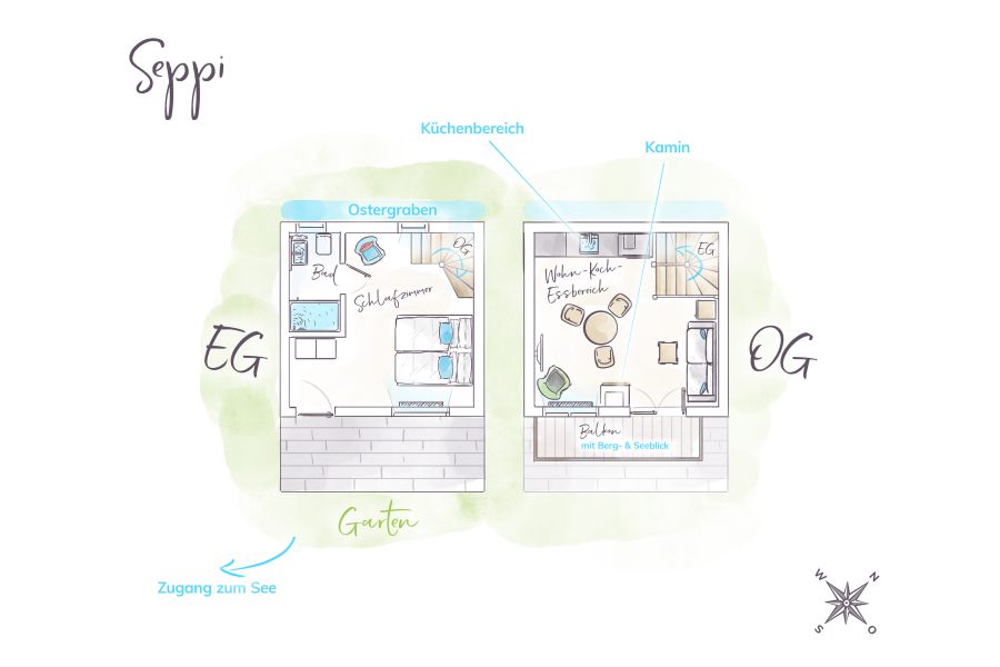 Floor plan with ground floor and upper floor of the “Seppi” holiday apartment at Seeheimat in Schliersee