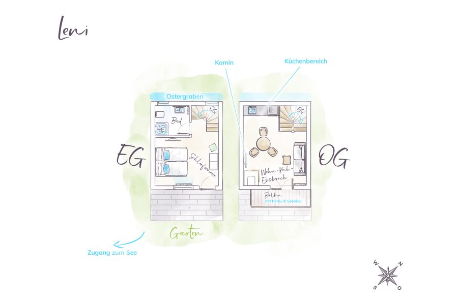 Floor plan of the ground floor and upper floor of the “Leni” holiday apartment at Seeheimat in Schliersee
