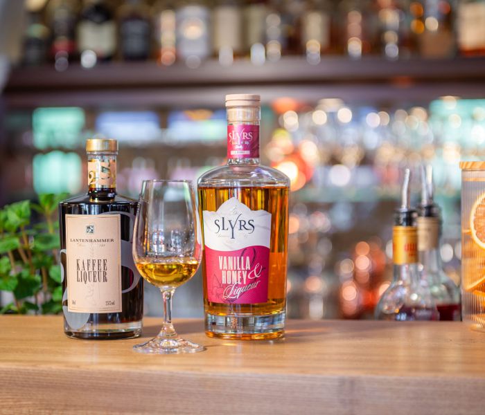 Two bottles from the Slyrs distillery at Bar Xaver in Schliersee