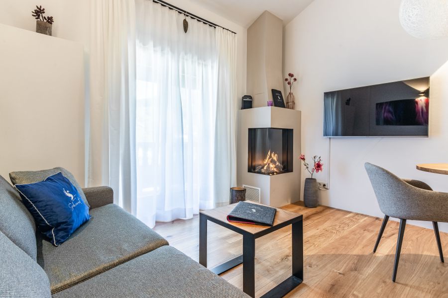 Cozy seating area with fireplace and TV in the “Leni” holiday apartment at Seeheimat in Schliersee