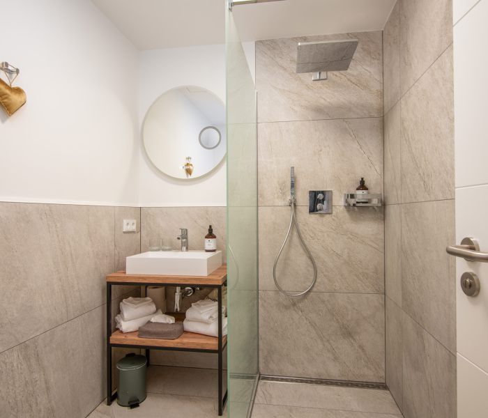 Modern bathroom in the Standard Plus room at Hotel Terofal in Schliersee with shower and washbasin