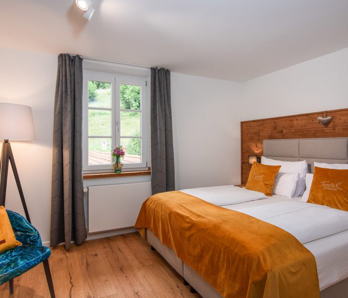 Bild des Eco-Zimmers im Hotel Terofal in Schliersee mit Doppelbett und Fenster mit Bergblick
