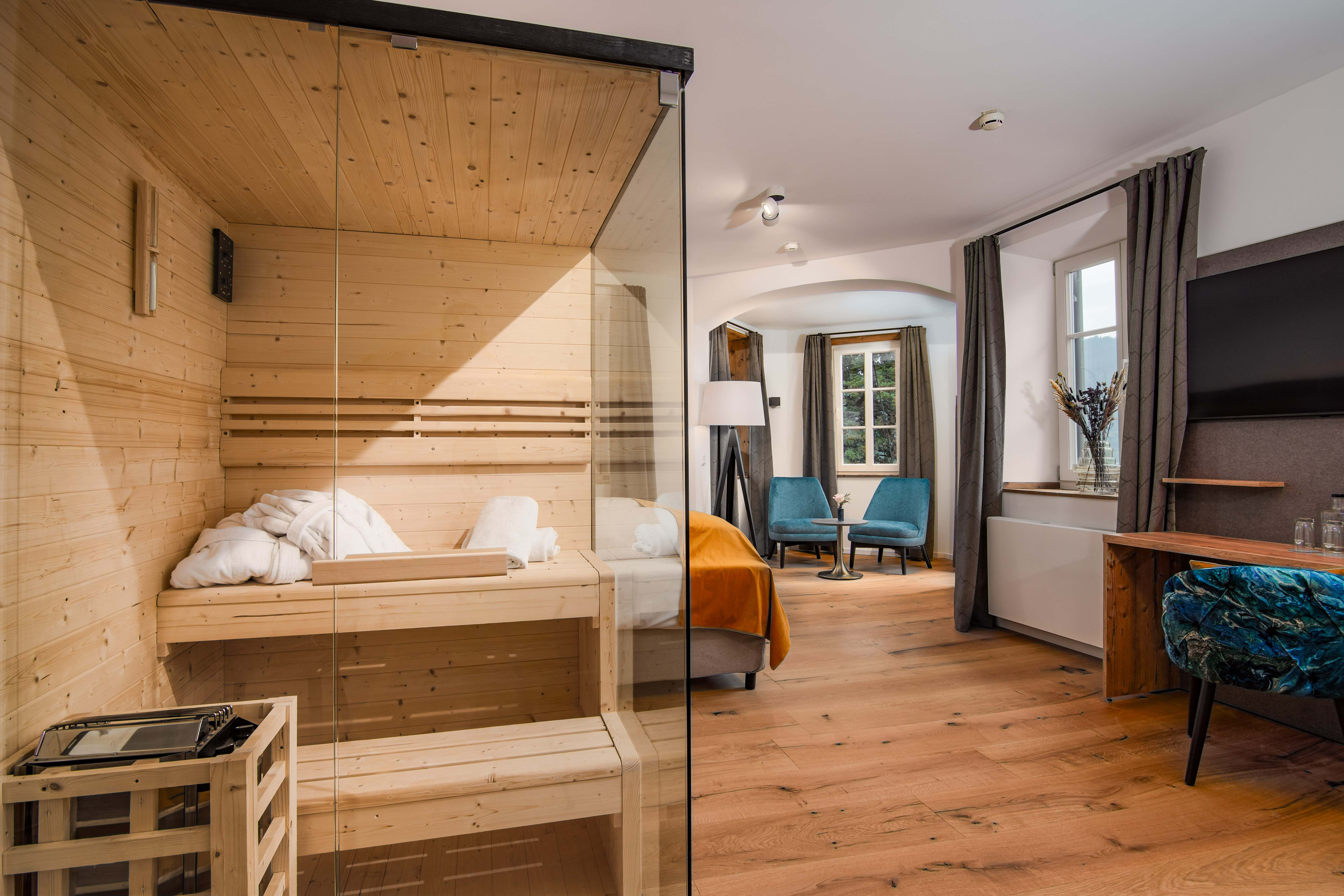 Wellness room at Hotel Terofal in Schliersee with double bed and sauna