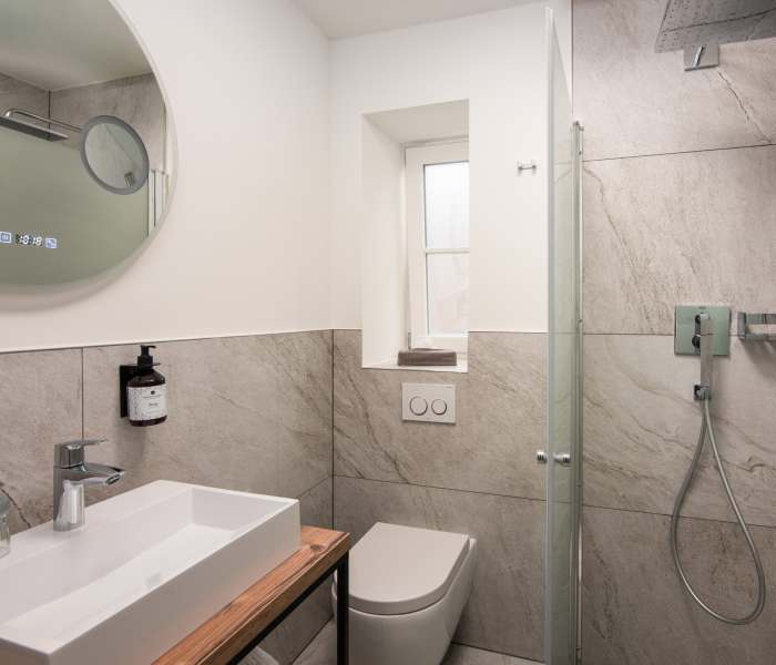 Bild des modernen Bades im Eco-Zimmer im Hotel Terofal in Schliersee mit Dusche, WC und Waschtisch