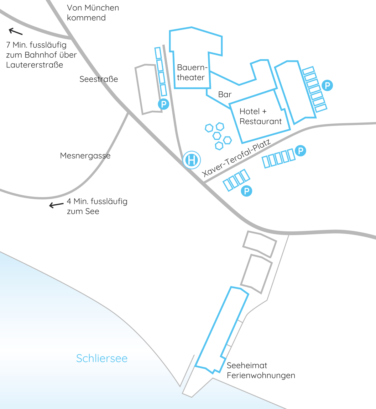 Anfahrt zum Terofal Schliersee, Xaver Restaurant + Bar und Bauerntheater